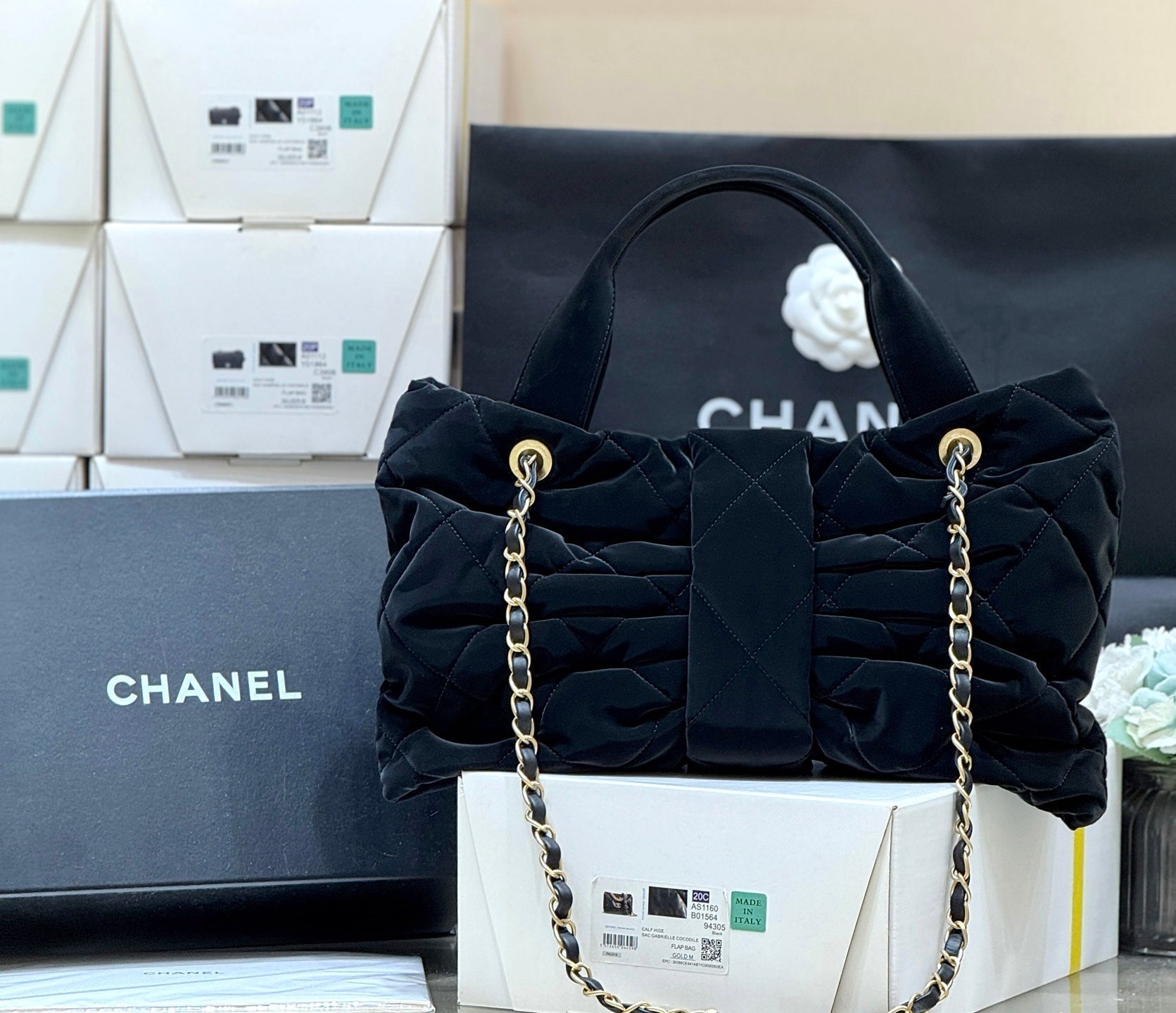 Chanel 2025 Bow Bag 38cm Black Velvet 346058