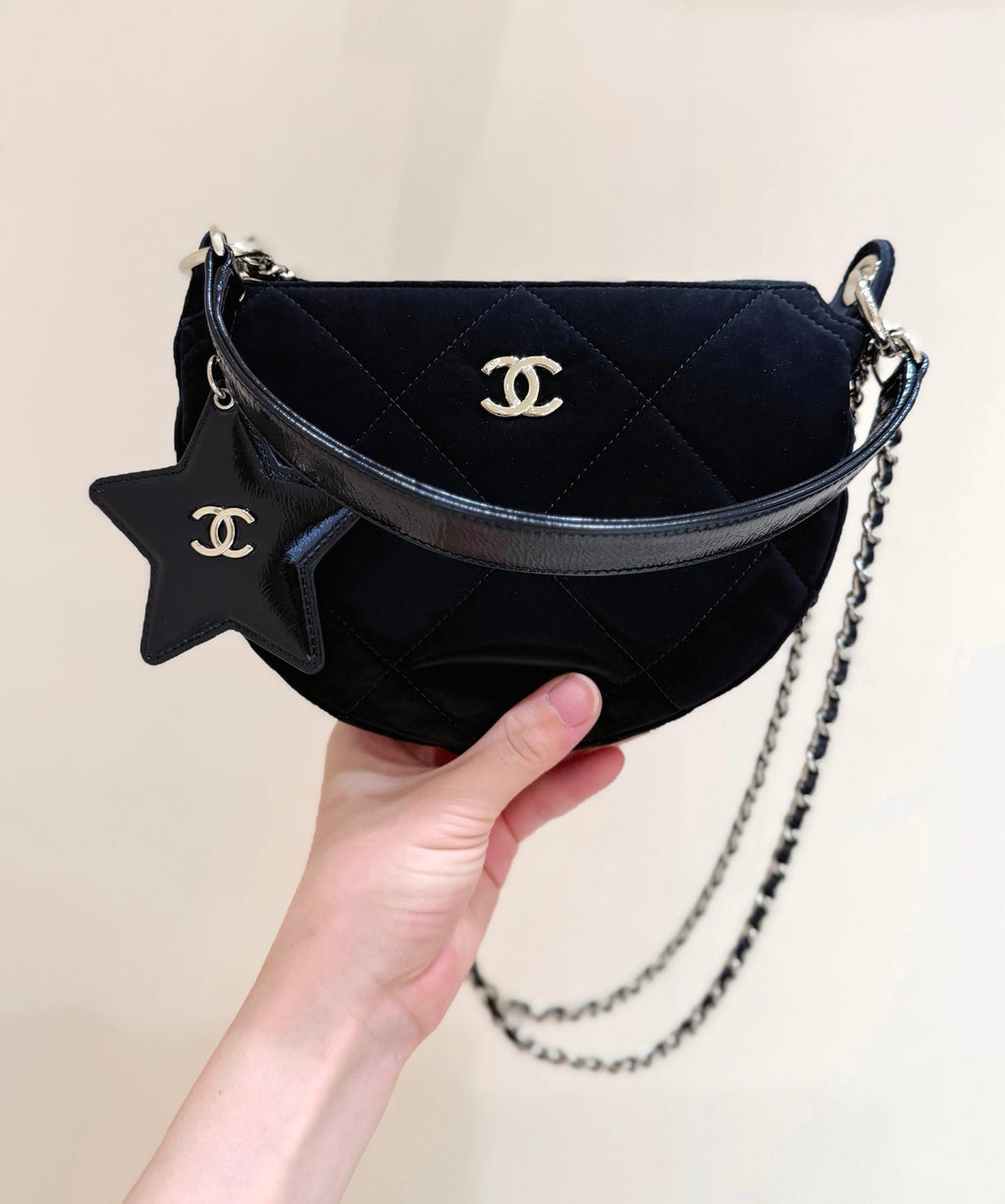 Chanel 2025 Clutch With Chain Black Gold Velvet Leather 346012
