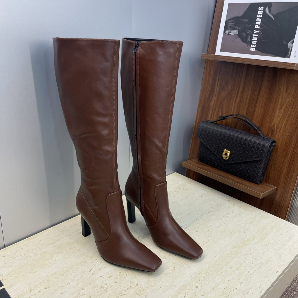 YSL 2025 Square Toe Over-the-Knee Rider Boots Brown Calfskin 574017