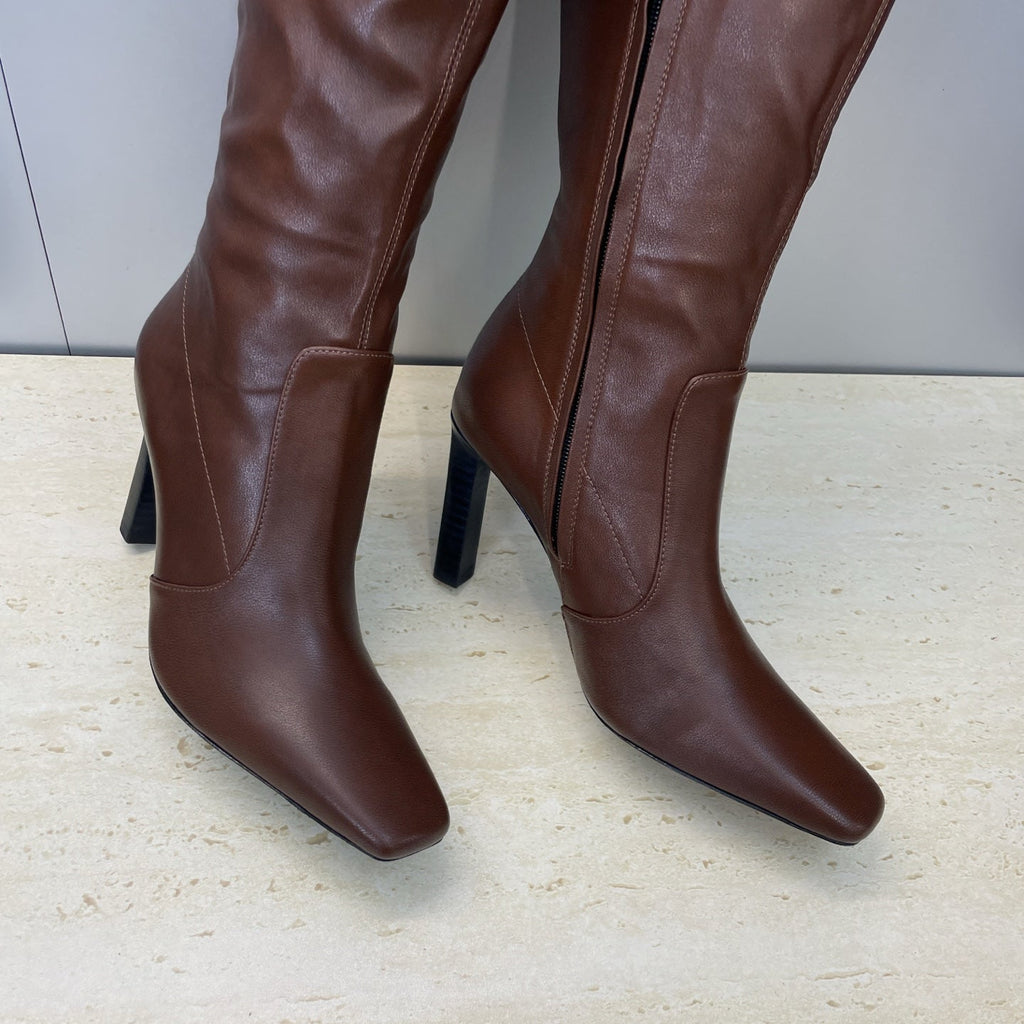 YSL 2025 Square Toe Over-the-Knee Rider Boots Brown Calfskin 574017