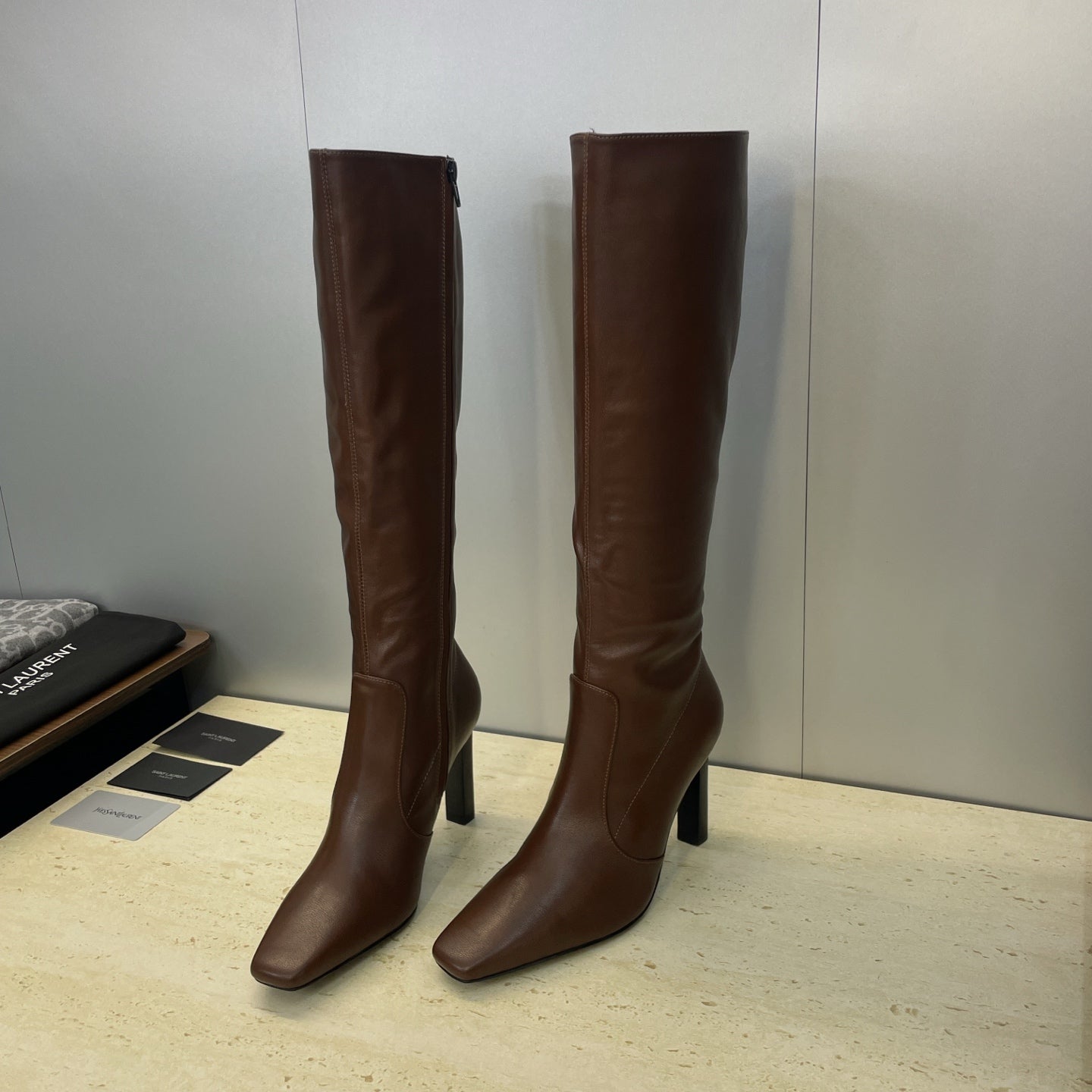 YSL 2025 Square Toe Over-the-Knee Rider Boots Brown Calfskin 574017