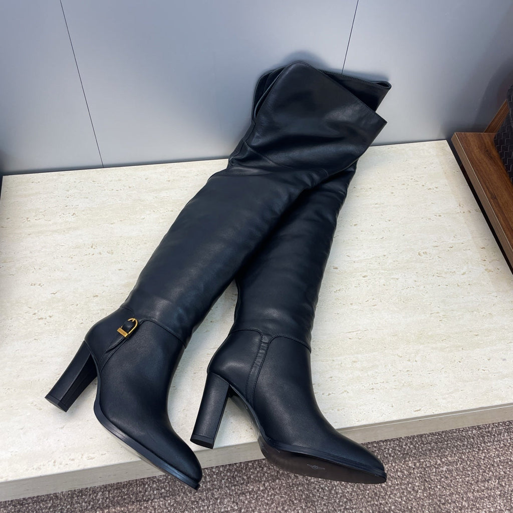 YSL 2025 High-Heeled Pointed-Toe Knee-High Rider Boot Black Calfskin 574018