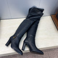 YSL 2025 High-Heeled Pointed-Toe Knee-High Rider Boot Black Calfskin 574018