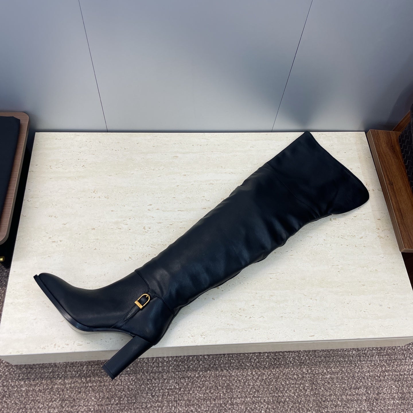 YSL 2025 High-Heeled Pointed-Toe Knee-High Rider Boot Black Calfskin 574018