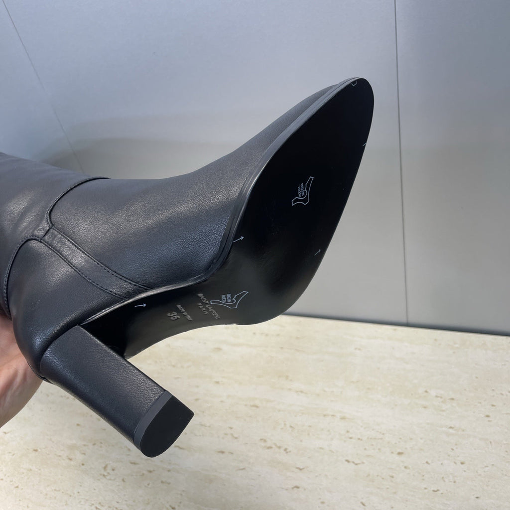 YSL 2025 High-Heeled Pointed-Toe Knee-High Rider Boot Black Calfskin 574018