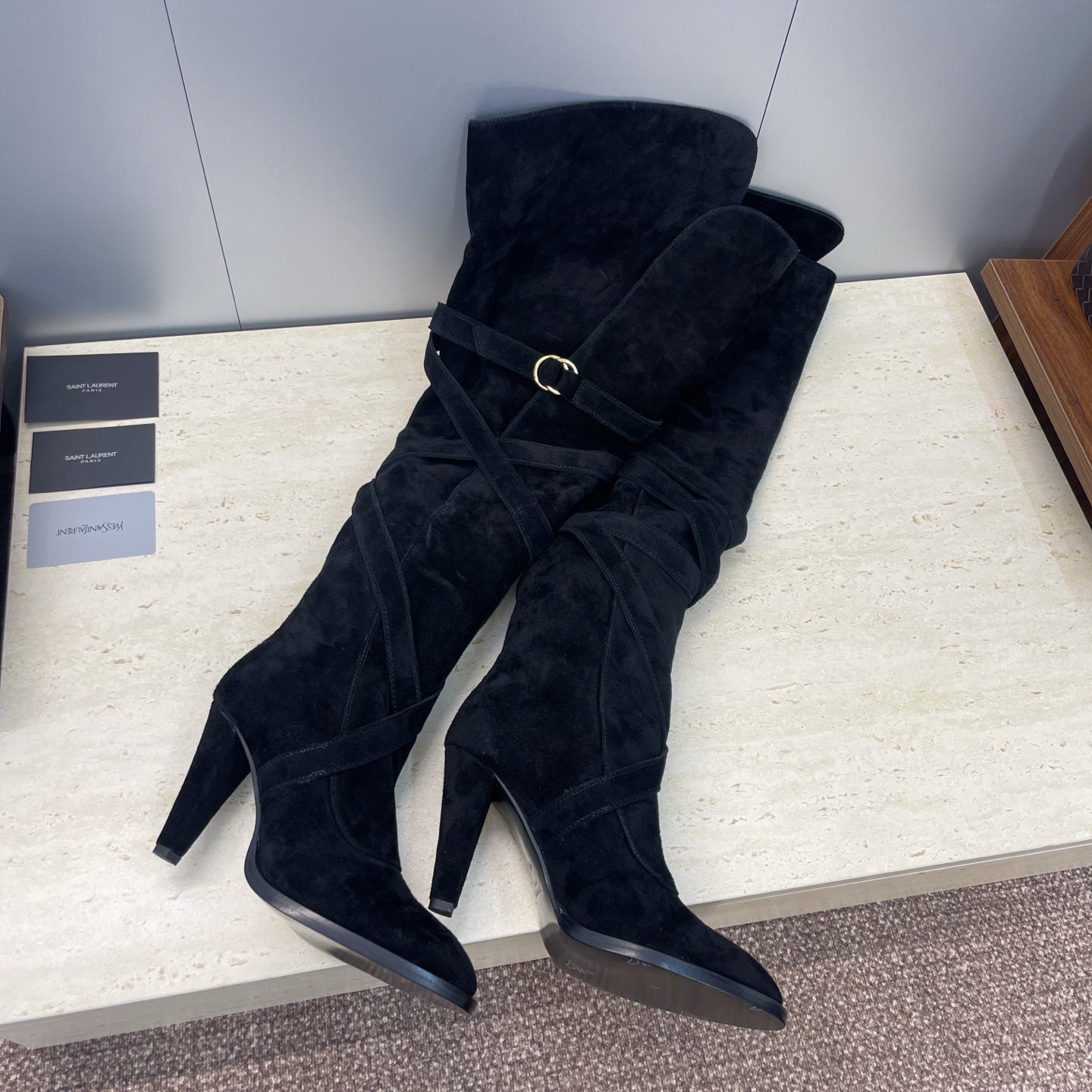 YSL Janis Long Boots 95mm Black Suede 551939