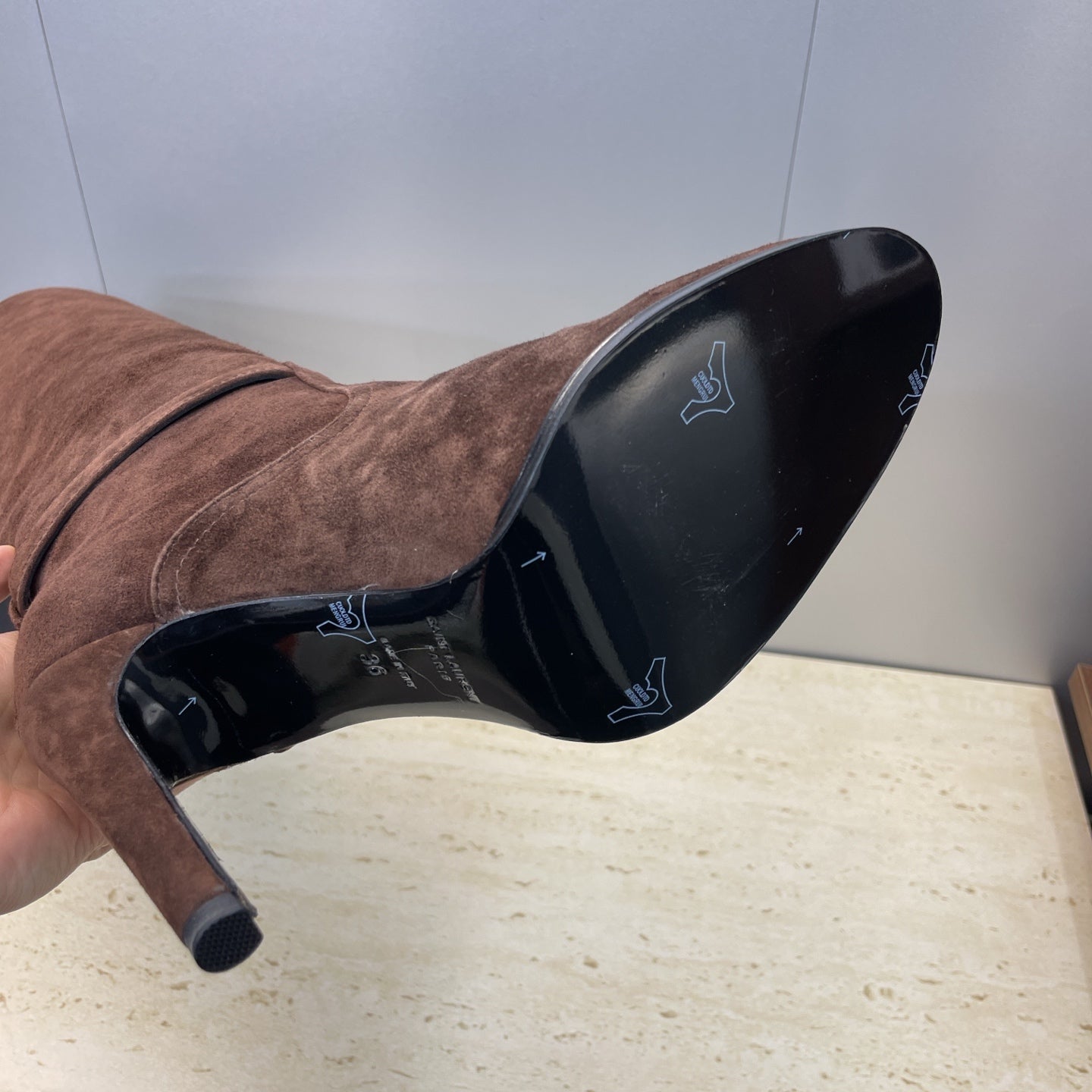 YSL 2025 High-Heeled Pointed-Toe Knee-High Rider Boot Brown Suede 574020