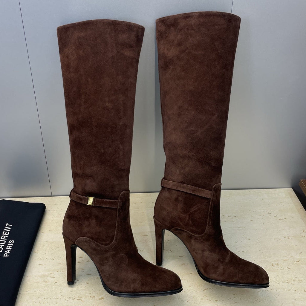 YSL 2025 High-Heeled Pointed-Toe Knee-High Rider Boot Brown Suede 574020