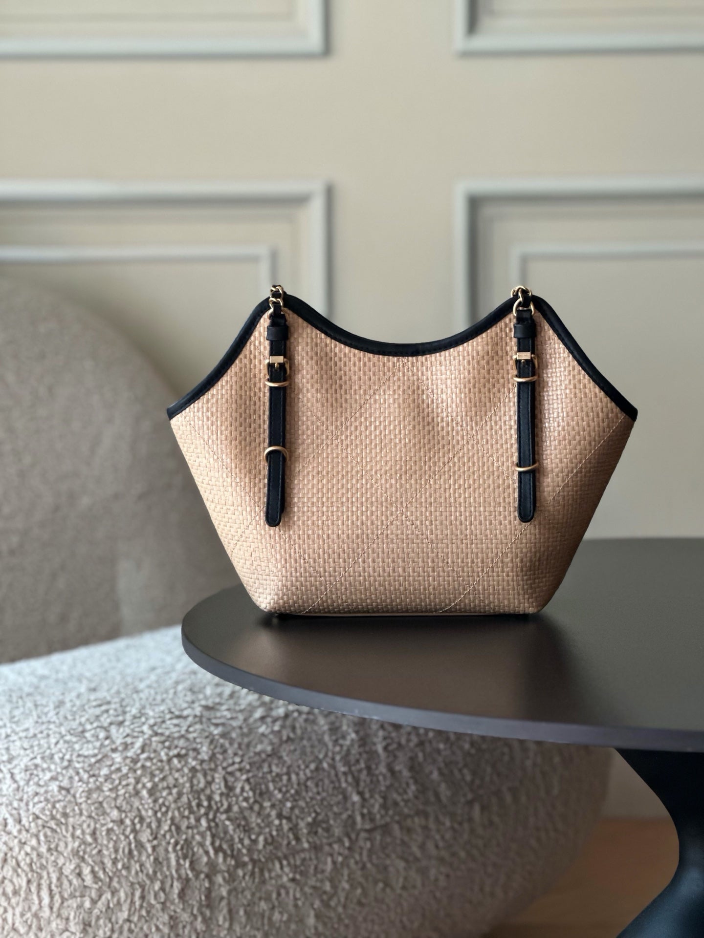 Chanel 2025 Maxi Hobo Bag 31cm Dark Beige mix Black Straw Leather 320858