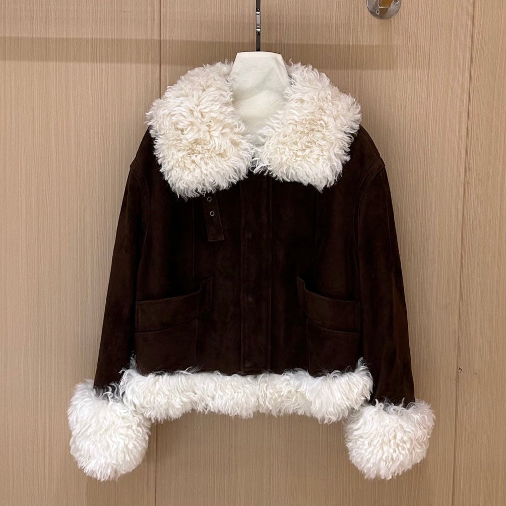 Miumiu 2025 Jacket Dark Brown mix White Suede Wool