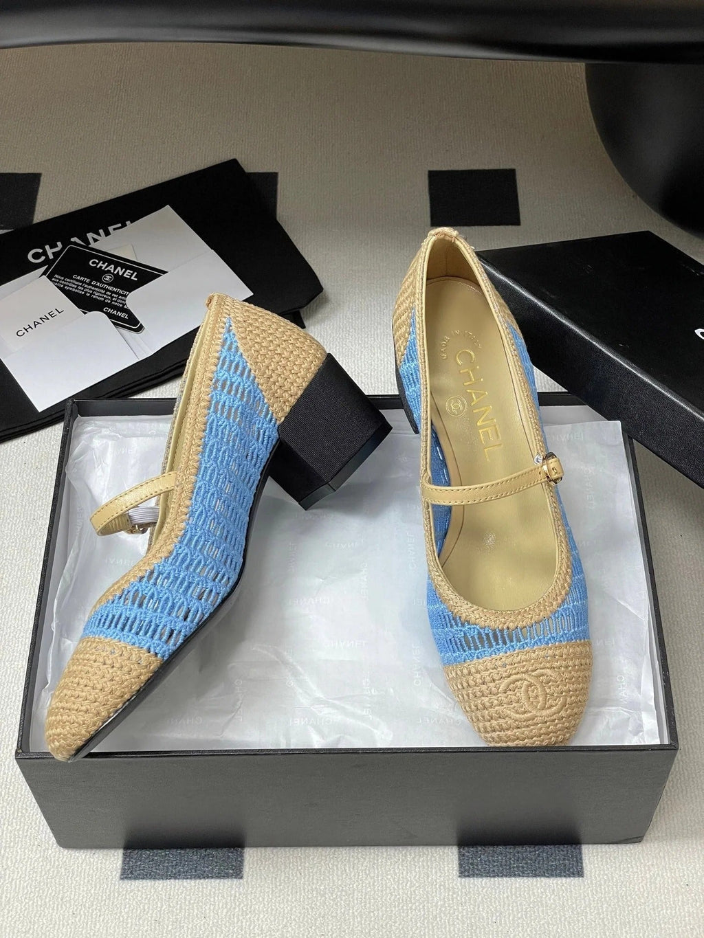 HIGH BALLET MARY JANE 50MM IN NATURAL BEIGE AND BLUE RAFFIA