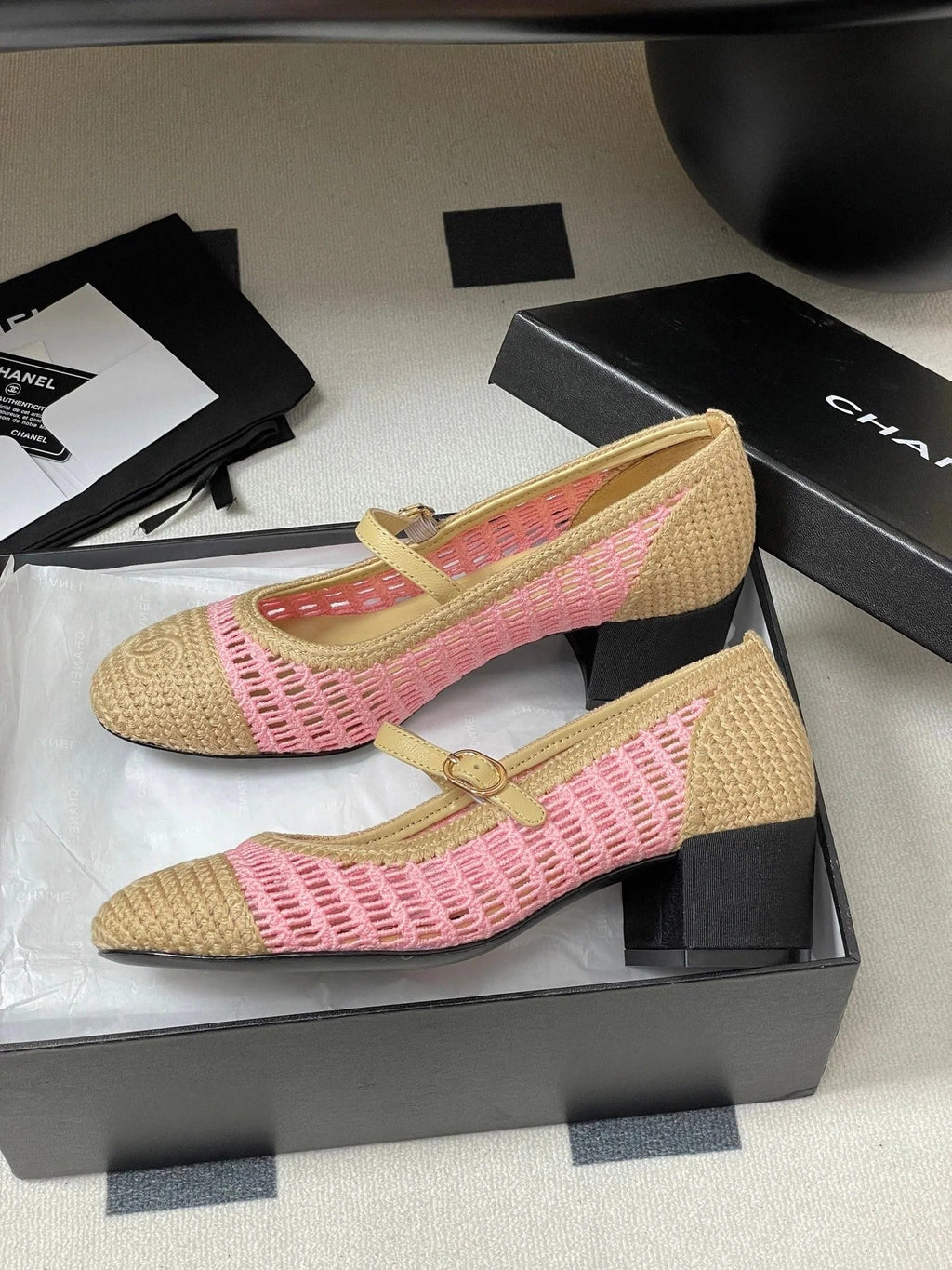 HIGH BALLET MARY JANE 50MM IN NATURAL BEIGE AND PINK RAFFIA
