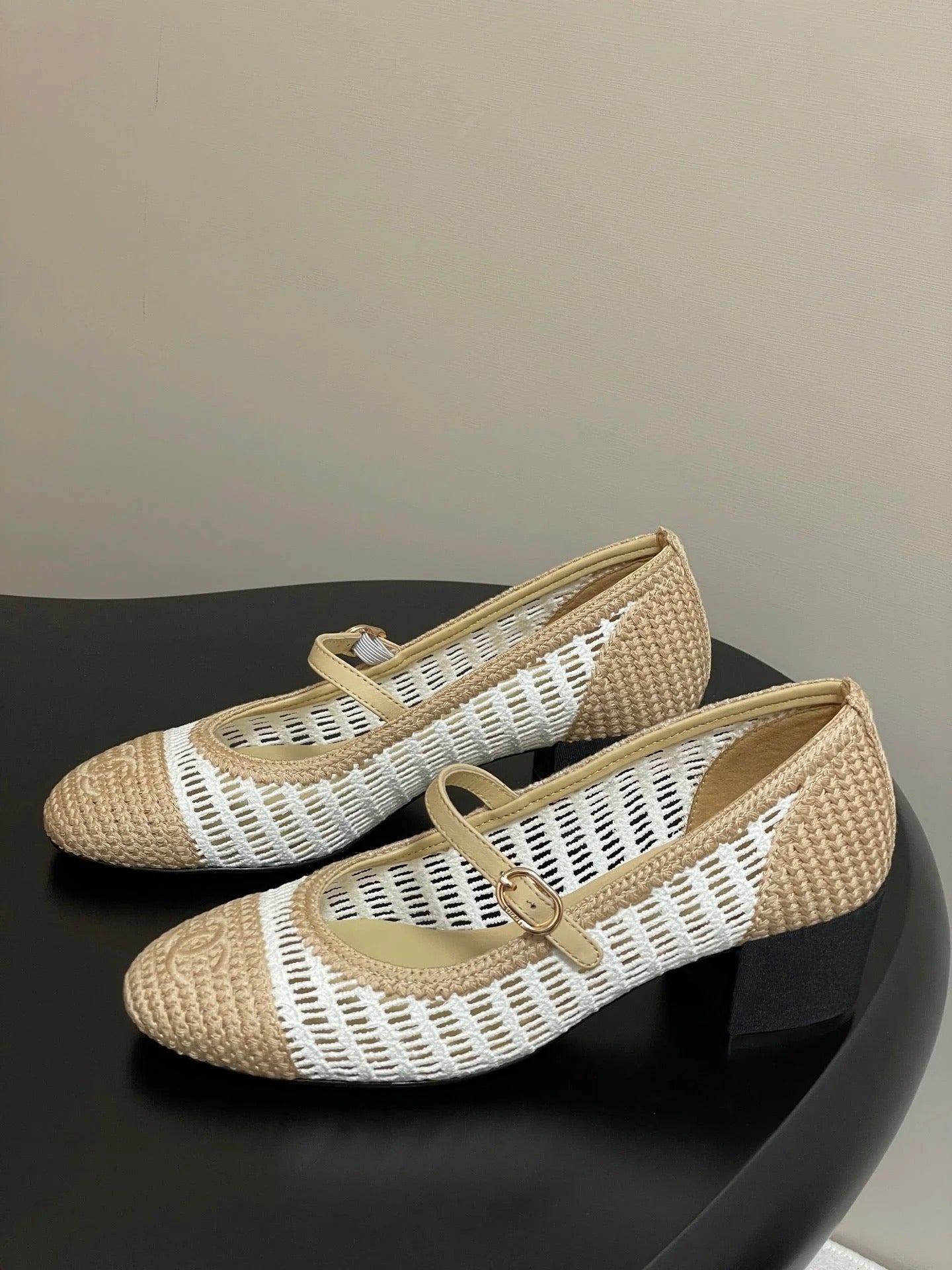 HIGH BALLET MARY JANE 50MM IN NATURAL BEIGE AND WHITE RAFFIA