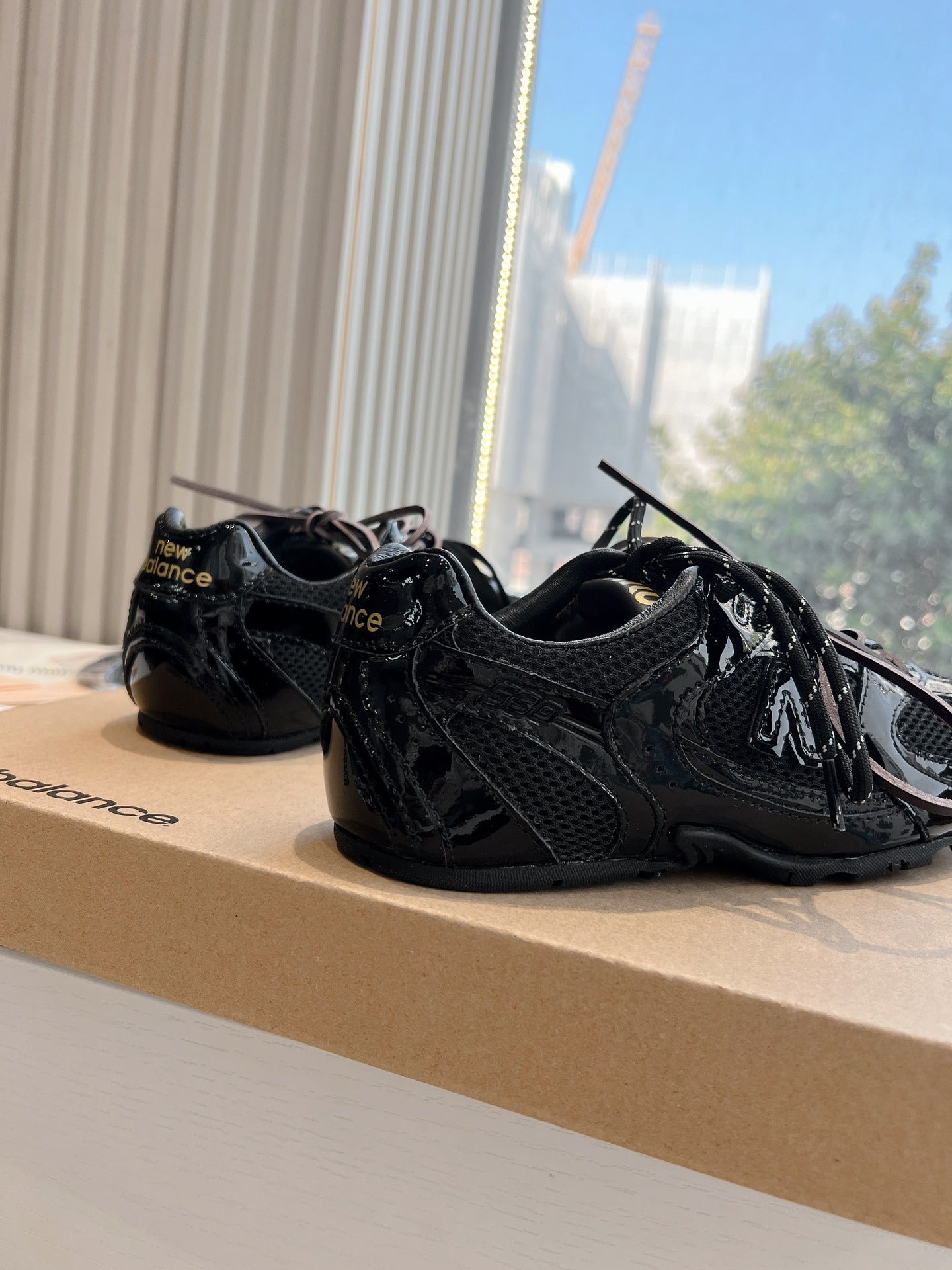 Miumi x Newbalance Sneaker Black Mesh Patent Leather