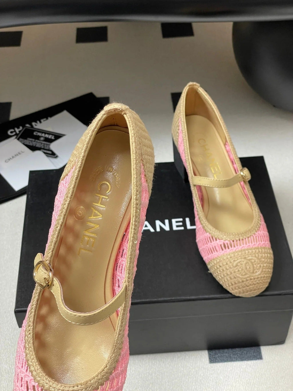 HIGH BALLET MARY JANE 50MM IN NATURAL BEIGE AND PINK RAFFIA