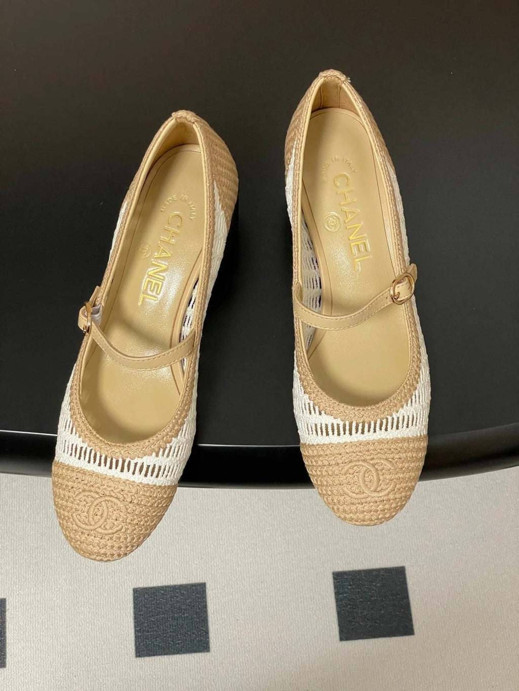 HIGH BALLET MARY JANE 50MM IN NATURAL BEIGE AND WHITE RAFFIA