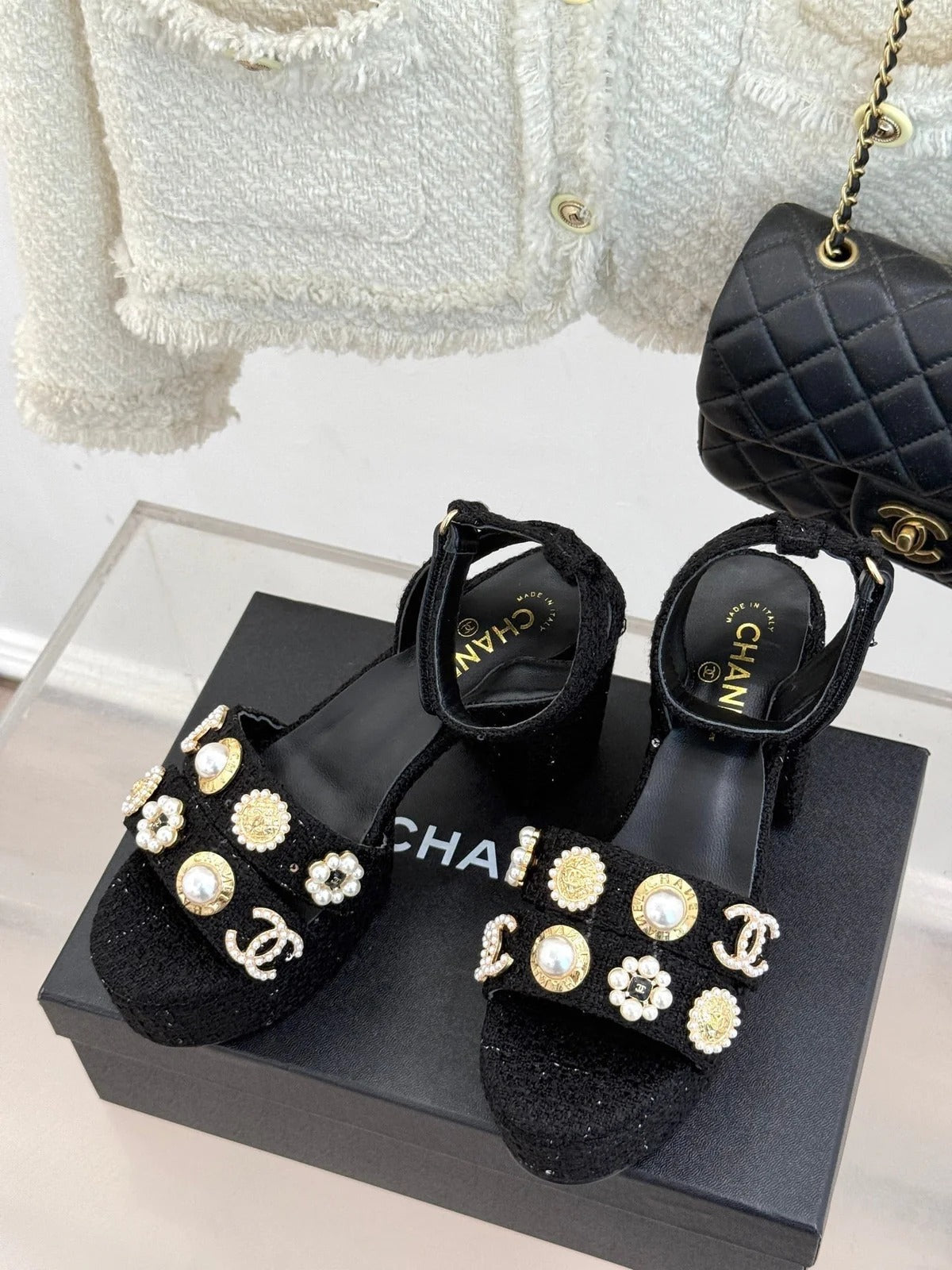 CC HIGH HEELS IN BLACK TWEED WITH PEARL AND CRYSTAL EMBELLISHMENTS