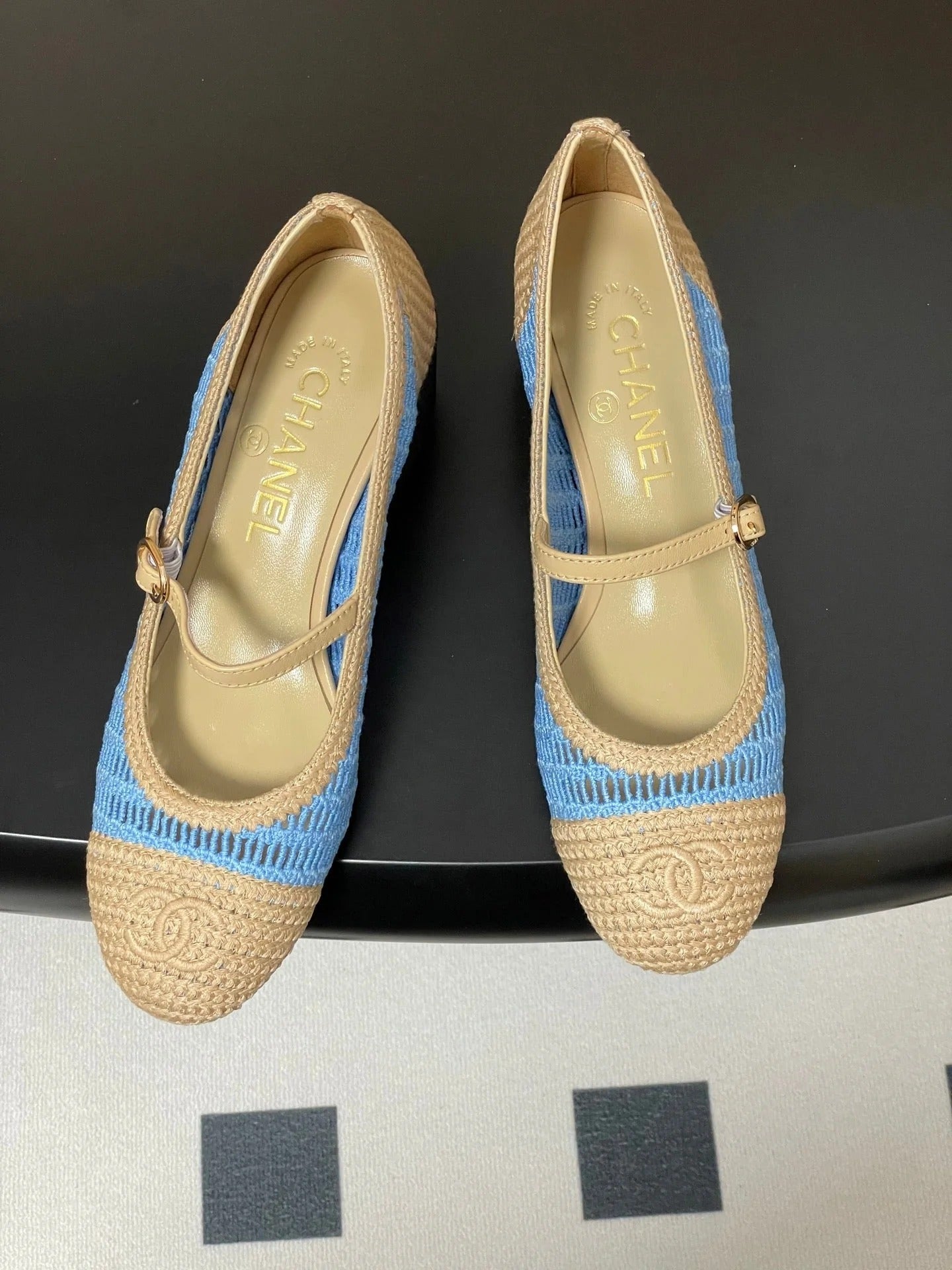 HIGH BALLET MARY JANE 50MM IN NATURAL BEIGE AND BLUE RAFFIA