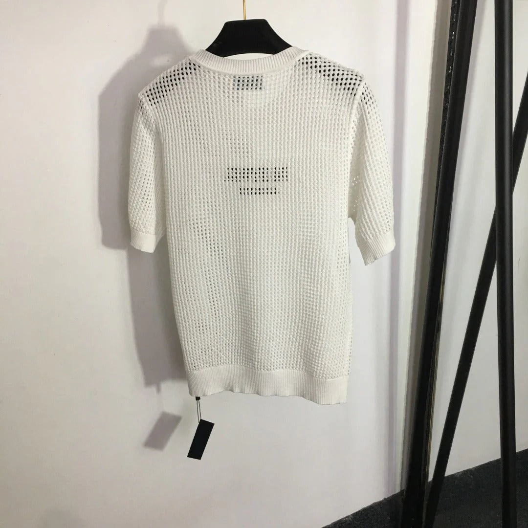 PRADA 25S SHORT-SLEEVE MESH KNIT PULLOVER SWEATER 292