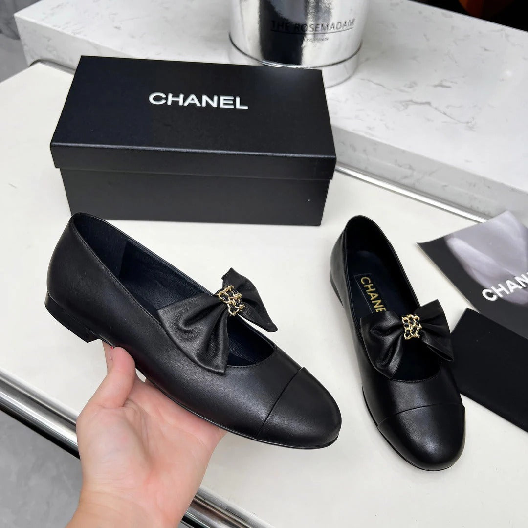 CHANEL 25S MARY JANES IN BLACK CALFSKIN WITH BOW GOLD HARDWRE