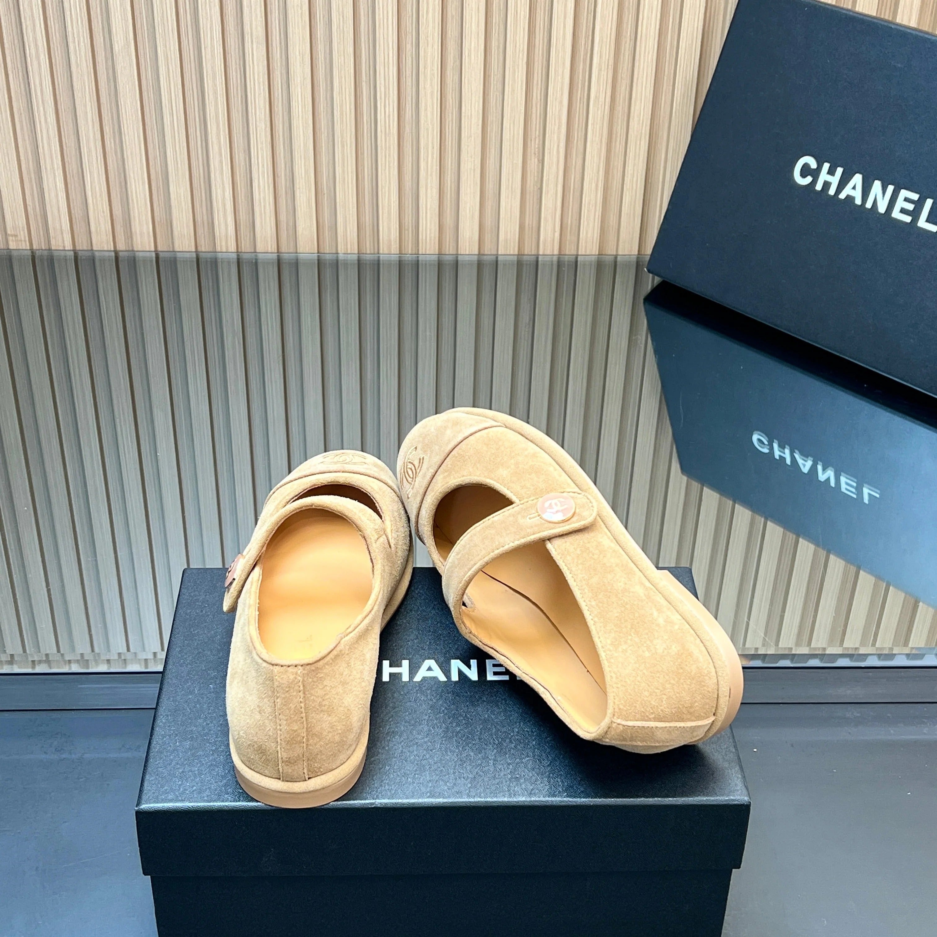 CHANEL 25S DOUBLE-STRAP MARY JANE SHOES IN LIGHT BROWN SUEDE