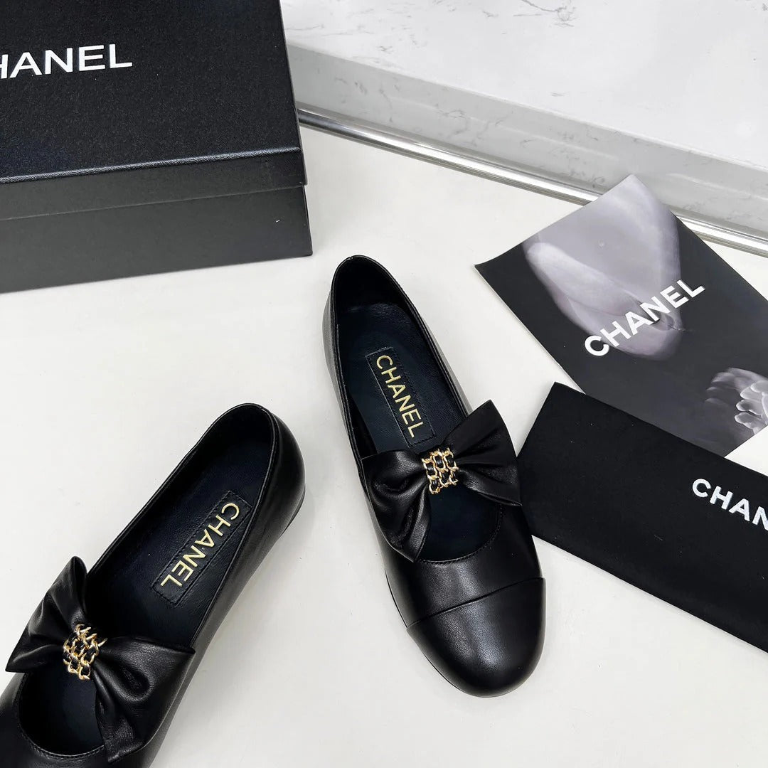 CHANEL 25S MARY JANES IN BLACK CALFSKIN WITH BOW GOLD HARDWRE