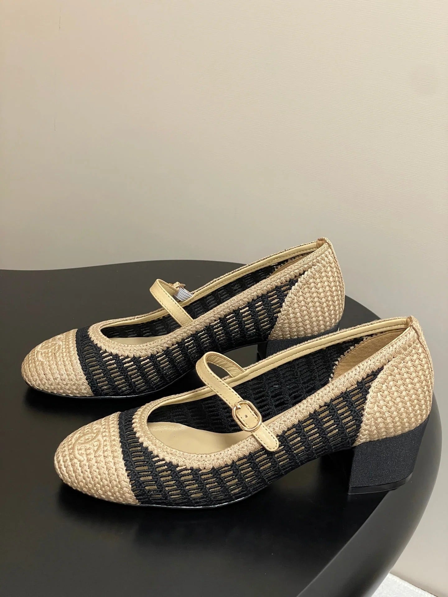 HIGH BALLET MARY JANE 50MM IN NATURAL BEIGE AND BLACK RAFFIA