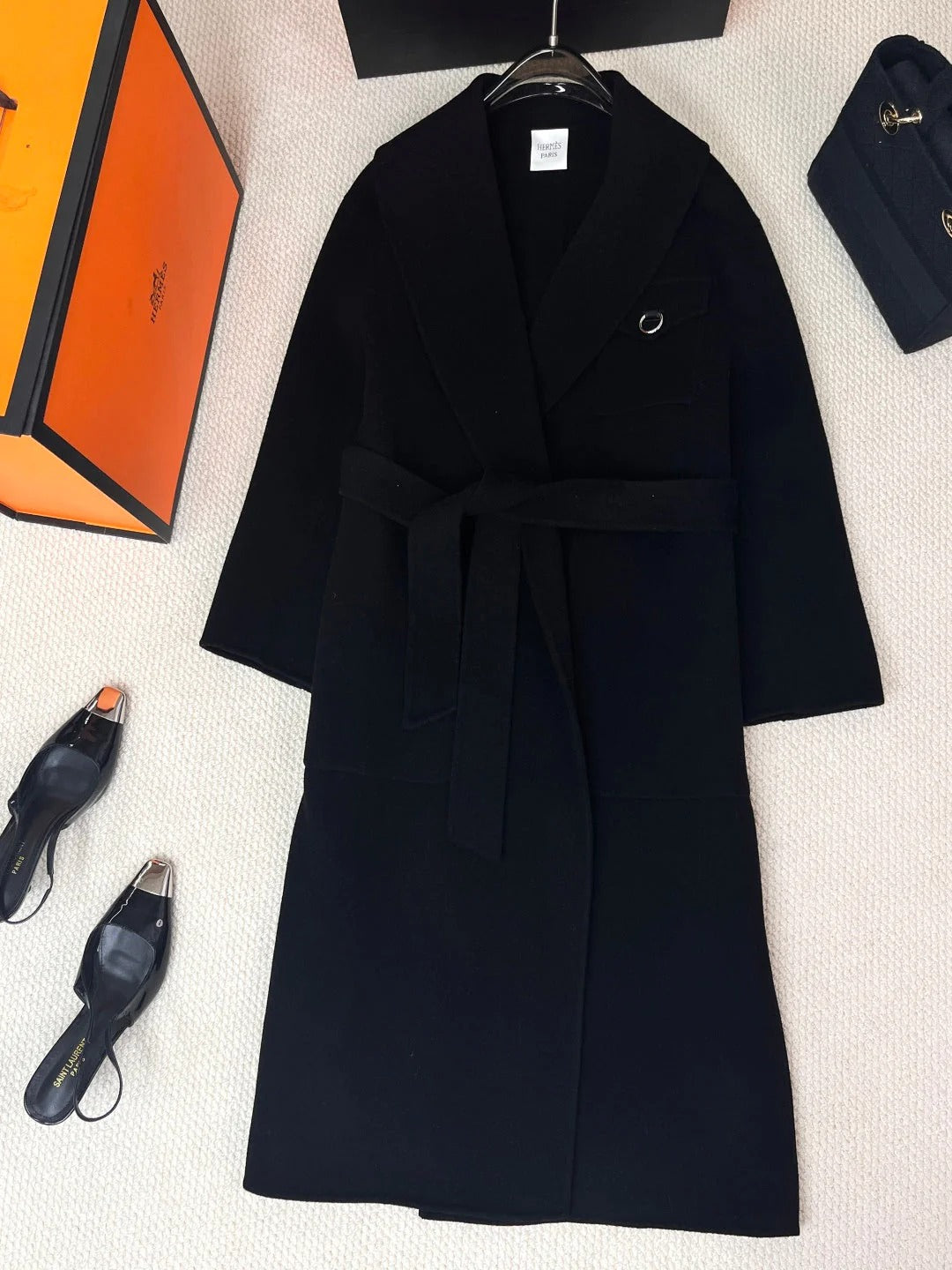 HERMES 25S LAPEL-COLLAR CASHMERE COAT 210