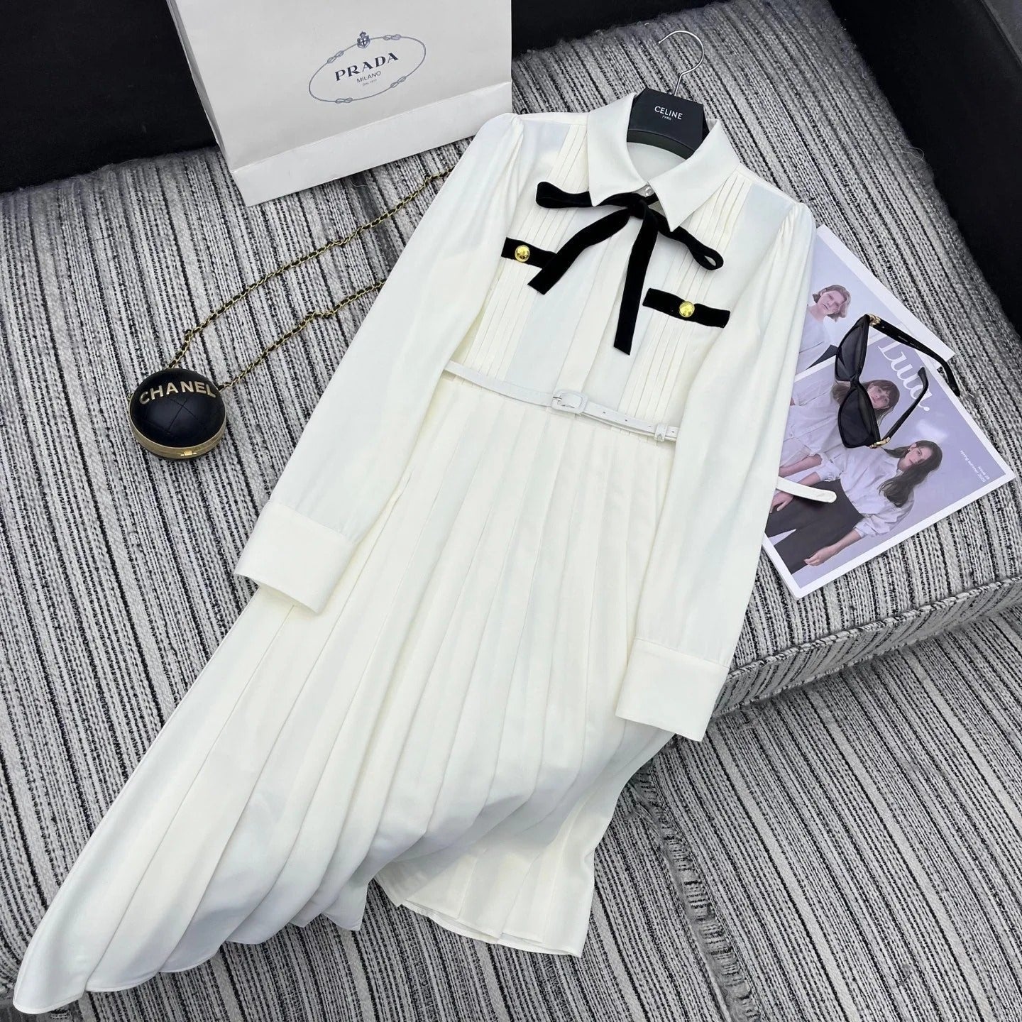 PRADA 25S LONG-SLEEVE COLLARED PLEATED DRESS 360