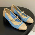 HIGH BALLET MARY JANE 50MM IN NATURAL BEIGE AND BLUE RAFFIA