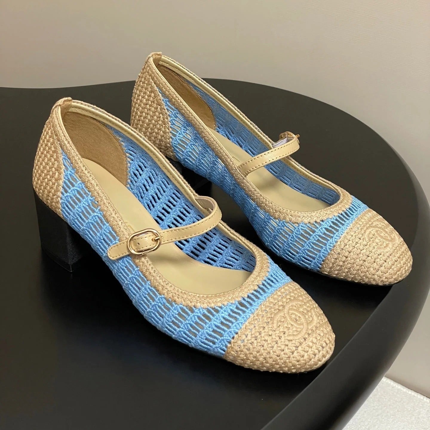 HIGH BALLET MARY JANE 50MM IN NATURAL BEIGE AND BLUE RAFFIA