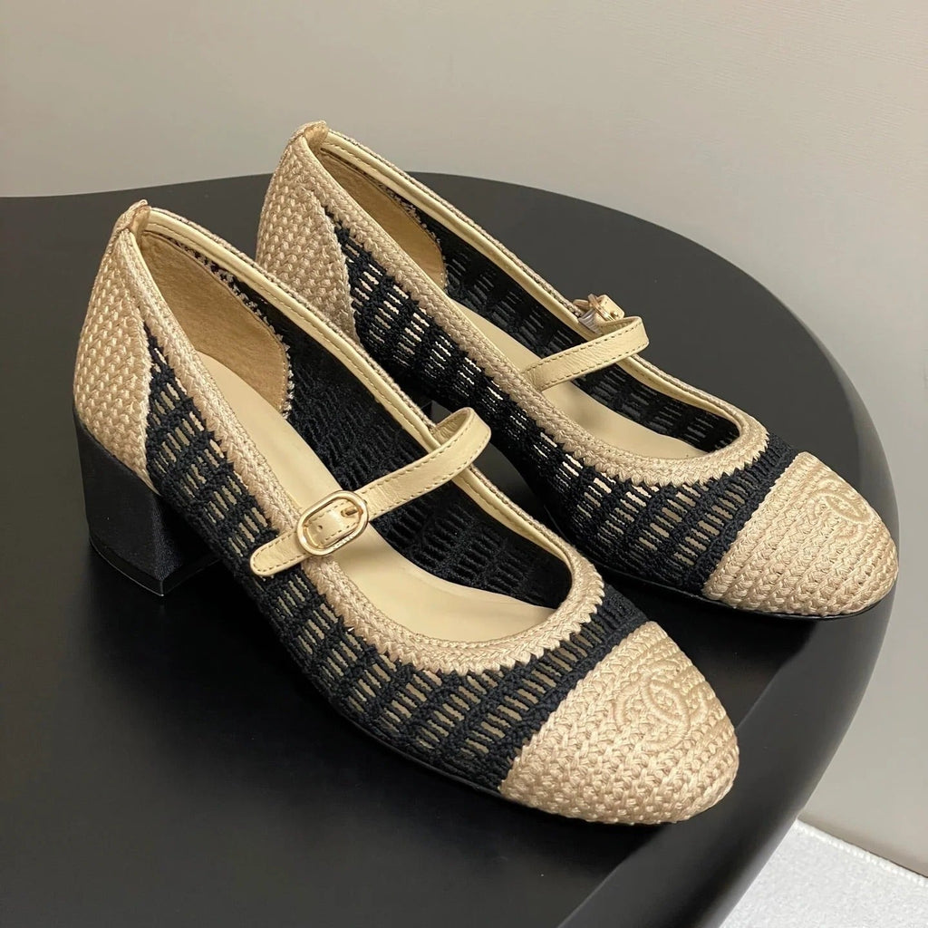 HIGH BALLET MARY JANE 50MM IN NATURAL BEIGE AND BLACK RAFFIA