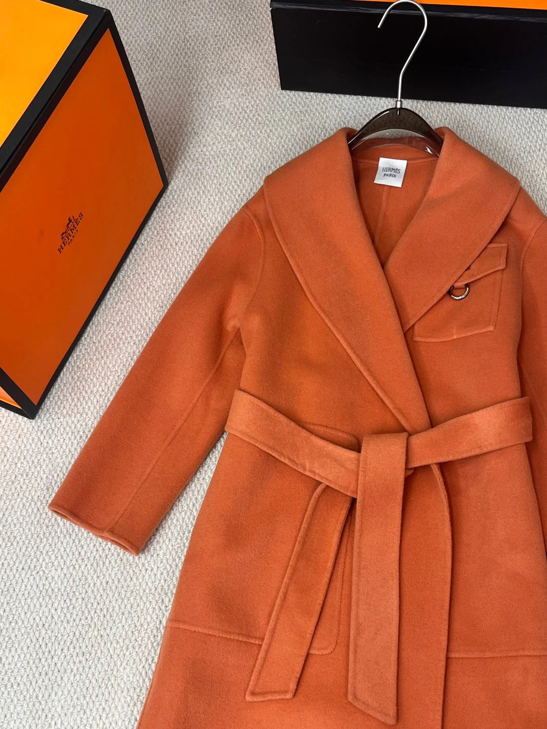 HERMES 25S LAPEL-COLLAR CASHMERE COAT 208