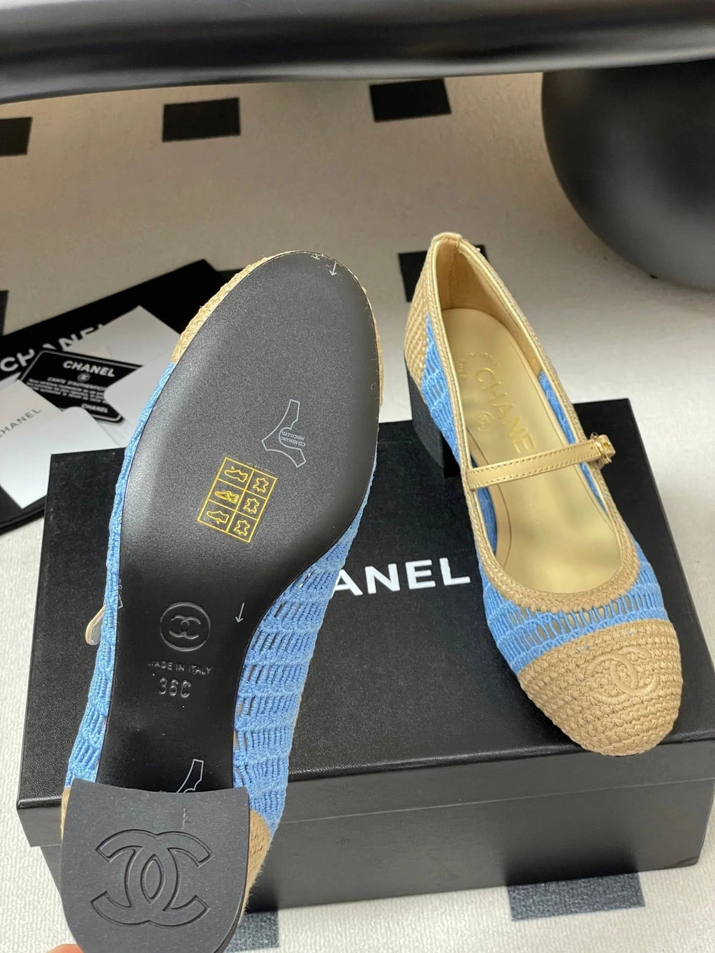 HIGH BALLET MARY JANE 50MM IN NATURAL BEIGE AND BLUE RAFFIA