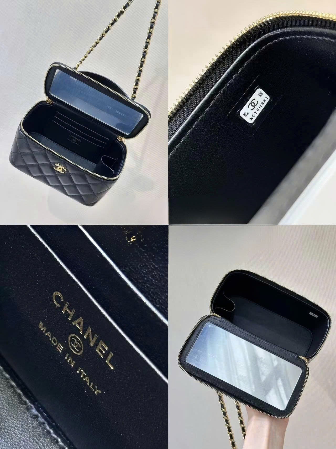 CC Mirror Vanity Case Top Handle Chain Strap Black Lambskin GHW